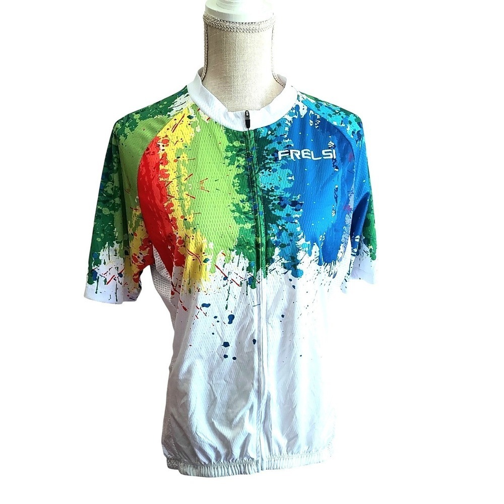 Frelsi Cycling Jersey Unisex 2XL White Multicolor Paint Splatter Full Zip Top